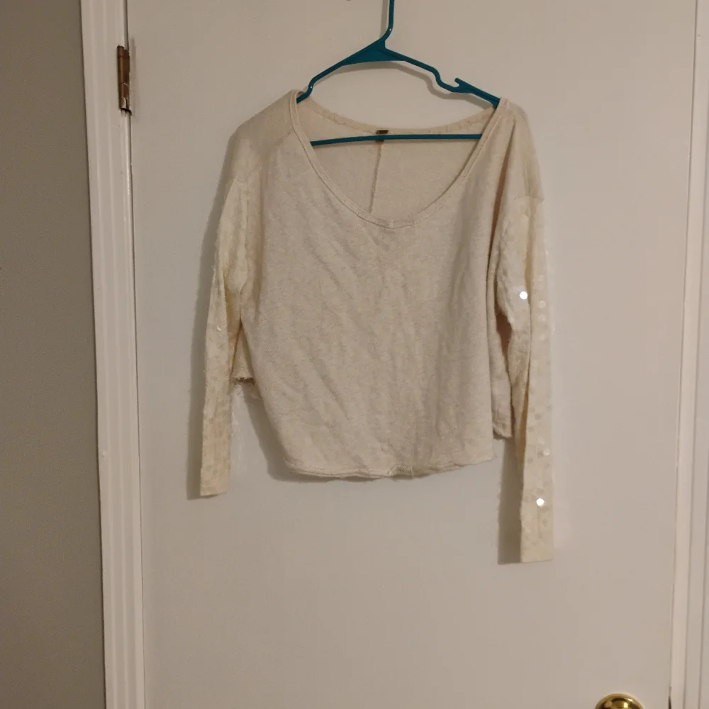 Free People Sequin Sleeve Crew Sweatshirt Sz Xs